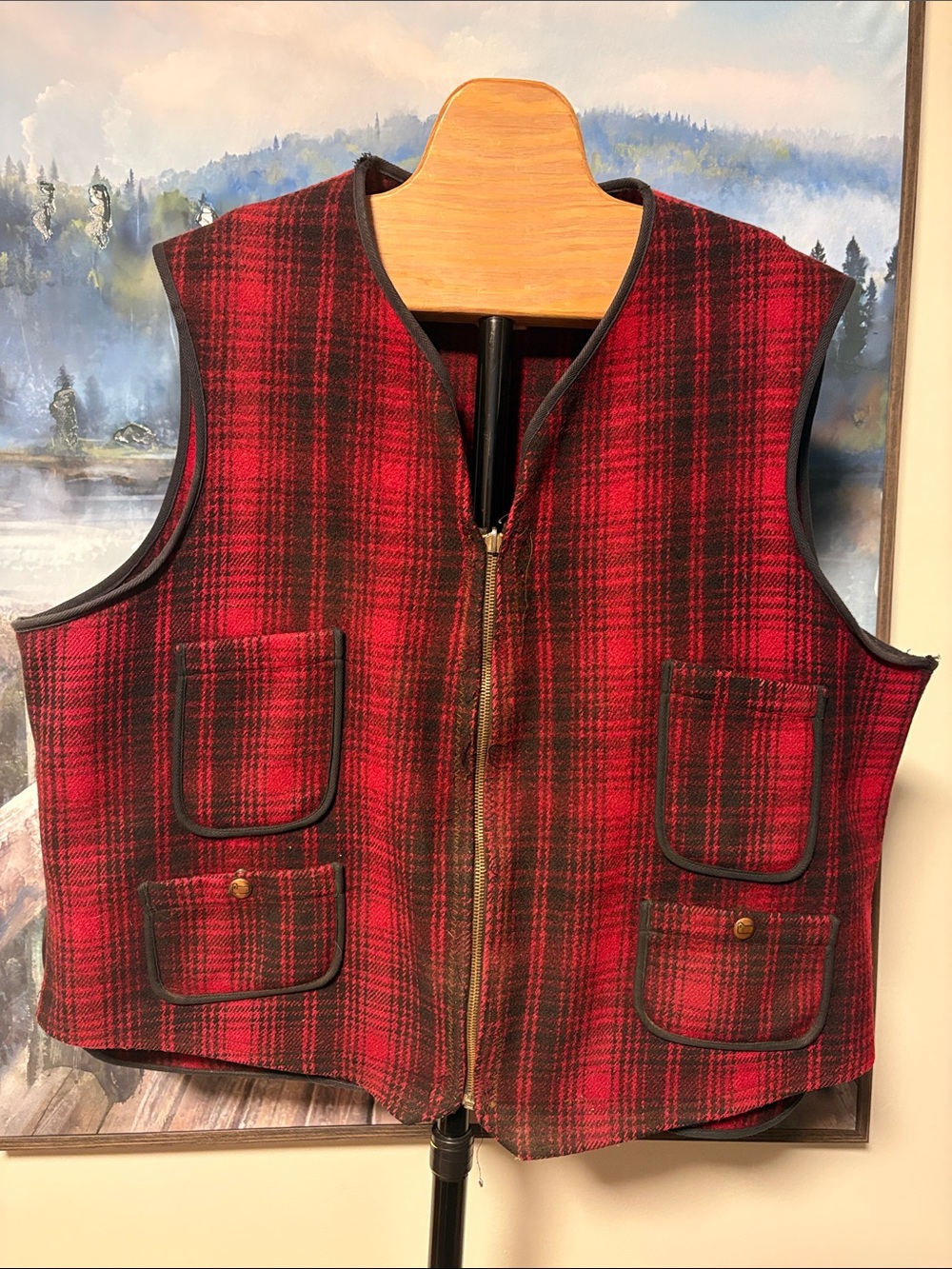 Woolrich Men's Red and Black Plaid Wool Vest